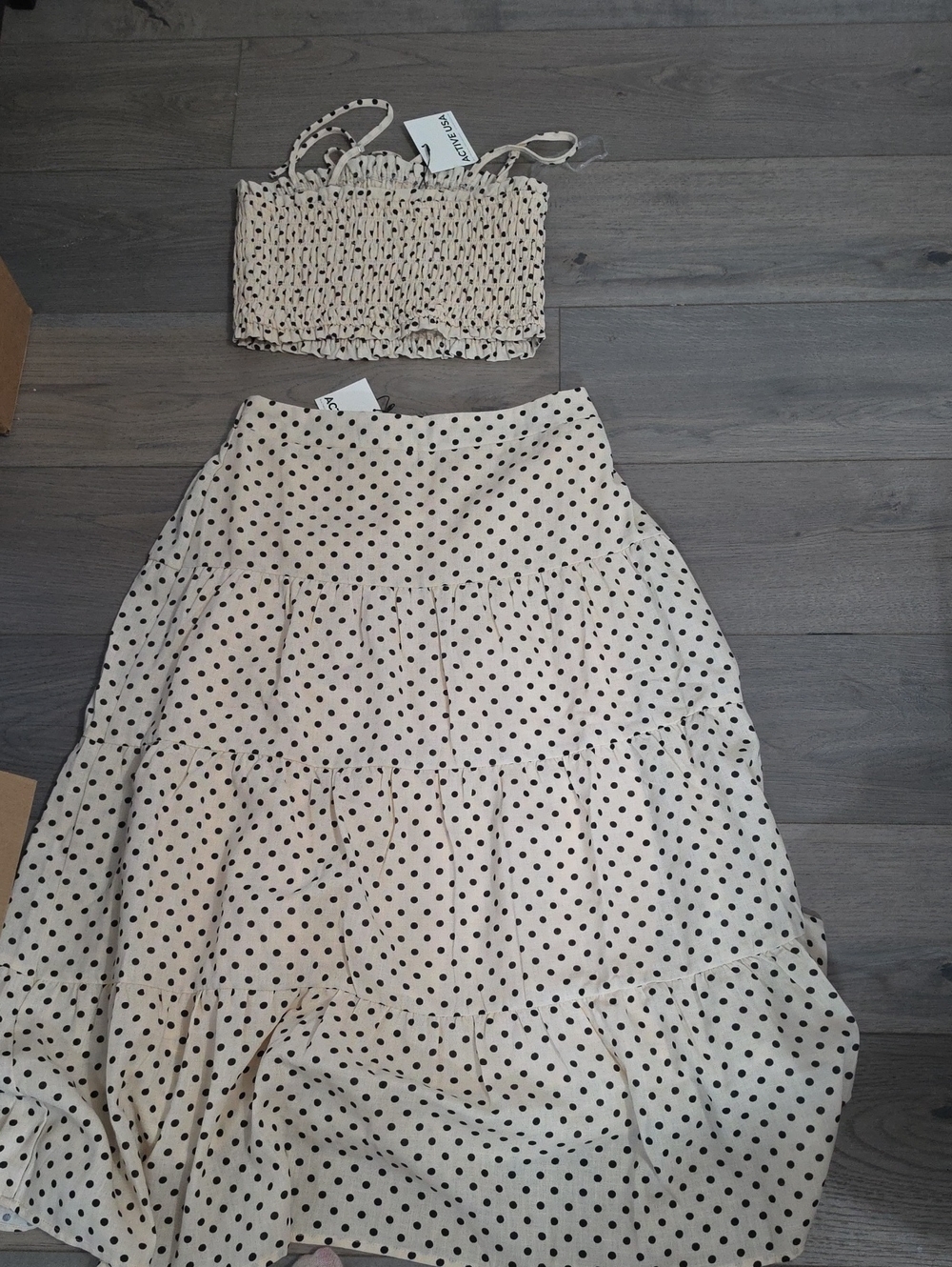 Beige And Black  Polka Dot Spaghetti Strap Maxi Skirt And Crop Top